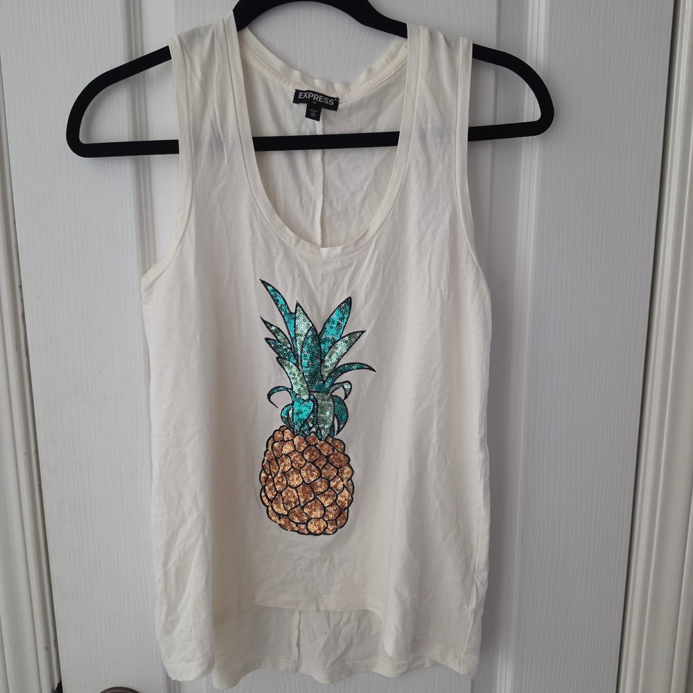 Express Womens XS White Sequin Pineapple Tank Top Sleeveless Cotton Modal Shirt